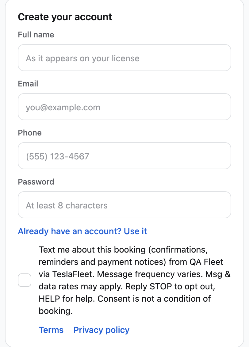 The TeslaFleet booking page: mobile number field and an unticked checkbox reading: Text me about this booking (confirmations, reminders and payment notices) from QA Fleet via TeslaFleet. Message frequency varies. Msg & data rates may apply. Reply STOP to opt out, HELP for help. Consent is not a condition of booking. With Terms and Privacy policy links below.